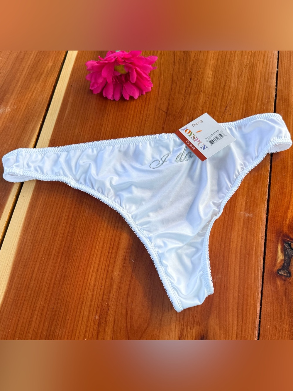 NWT Joyspun White Satin Thong Panty with 'I do' Embroidery Medium